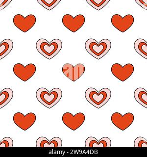 Seamless pattern with red and pink heart. Valentine day background. Y2k. Groovy style. Vector flat illustration. Stock Vector