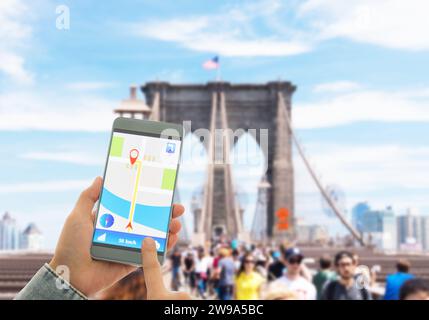 Using the navigation system or GPS smartphone mobile phone to navigate to your destination. Stock Photo