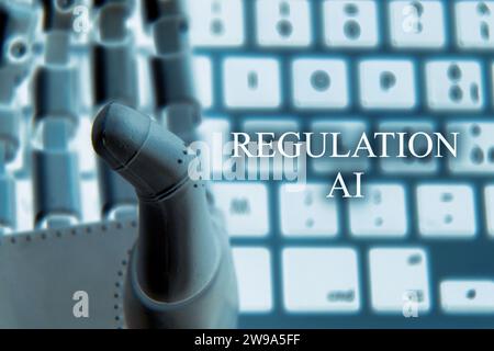 Robotic hand typing on a keyboard . Concept of future and AI. Stock Photo