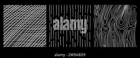 Squares textures with different hand drawn patterns. Pencil lines on black background Stock Vector