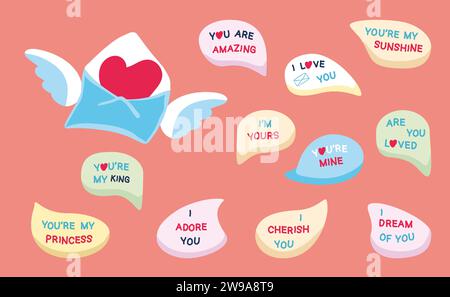 Love phrases in conversation bubbles for Valentines day on a peach background. Letter with wings and heart. Vector illustration Stock Vector