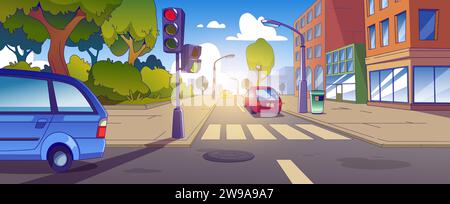 Cars drive along road in city center with high rise buildings and ...