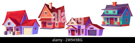 Suburban and village private house with windows and doors, roof with chimney and garage. Cartoon vector illustration set of big family home exterior. Front view on modern country cottage or villa. Stock Vector
