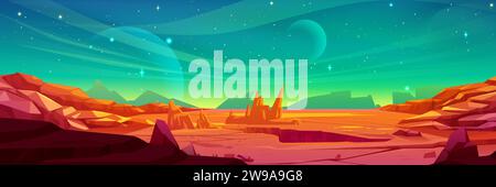 Alien planet scenery with red terrain under nighttime sky with stars and celestial bodies. Cartoon fantasy cosmos landscape with rocks, hills and cracks. Fantastic ground surface of open space planet. Stock Vector