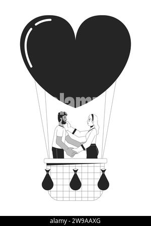 Interracial couple floating on air balloon black and white 2D line cartoon characters Stock Vector