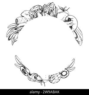 Hand drawn vector ink illustration. Champignon mozzarella artichoke prosciutto tomato basil olive. Wreath frame isolated on white. Design for Stock Vector