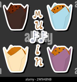 Illustration on theme big set fresh homemade muffin for morning breakfast, muffin consisting of natural sweet french dessert of various ingredients, t Stock Vector