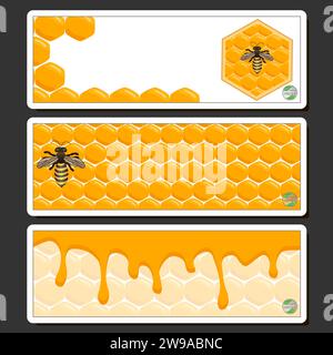 Drop of bee honey drip from hexagonal honeycombs filled with golden nectar, honeycombs summer composition consisting of drop natural honey, drip on wa Stock Vector