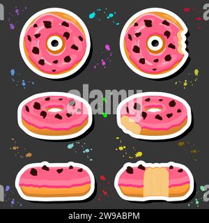 Illustration on theme big set different types sticky donuts, sweet doughnuts various size, donut pattern consisting of collection organic doughnuts fr Stock Vector