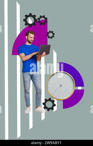Vertical creative collage banner poster standing young man browsing laptop clock alarm time management arrangement cogwheels setting Stock Photo