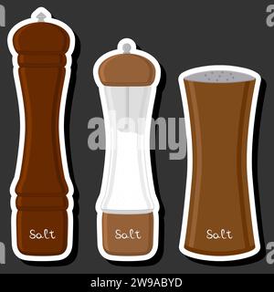 Illustration on theme big set different types ware filled salt for organic cooking, salt in shaker for restaurant menu Stock Vector