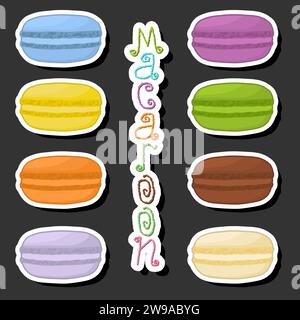 Illustration on theme fresh colorful macarons for morning breakfast, big set macaron consisting of natural sweet french dessert sandwiches, tasty maca Stock Vector