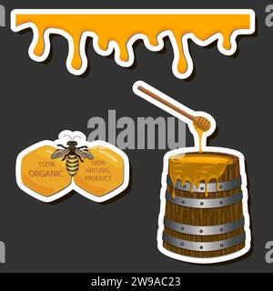 Drop of bee honey drip from hexagonal honeycombs filled with golden nectar, honeycombs summer composition consisting of drop natural honey, drip on wa Stock Vector