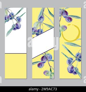 Olive branch labels. Vector illustration in watercolor style. Food packaging, templates for oil bottles, cosmetic products, banners, presentations. Stock Vector