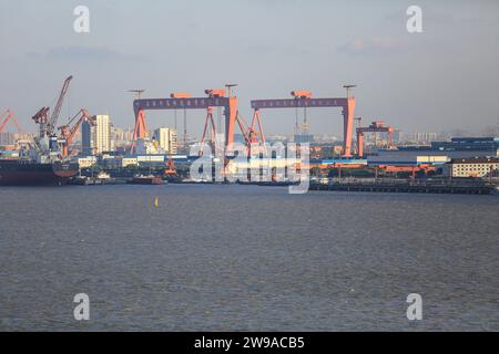 Shanghai Shipyard Co Ltd (CSSC) with new bulk carrier cargo ships, gantry cranes, Stock Photo