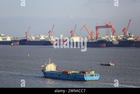 Shanghai Shipyard Co Ltd (CSSC) with new bulk carrier cargo ships, gantry cranes, Stock Photo