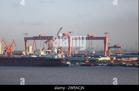 Shanghai Shipyard Co Ltd (CSSC) with new bulk carrier cargo ships, gantry cranes, Stock Photo