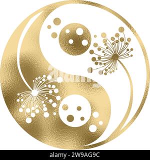 yin yang with dandelion in gold with transparent background Stock Vector