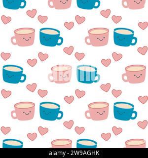 Lovers cups in kawaii style seamless pattern. Character cups and heart background. Print for Valentines Day and wedding concept. Cute mug Stock Vector