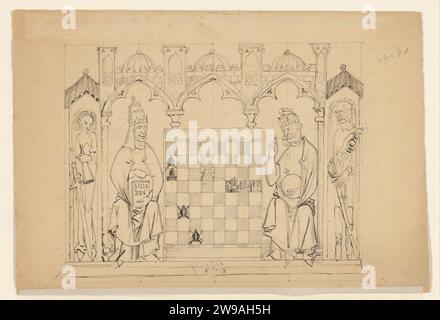 Study for cartoon on Bismarck and De Pope, 1878, Johan Michaël Schmidt Crans, 1878 drawing Sketch for the cartoon 'High game' with Bismarck and Pope Leo XIII in 1878. Both in full ornate on either side of a chessboard, pope on the left with Sillabus in the left hand. Put in Gothic interior. Sketch for a cartoon in the Nederlandsche Spectator of 1878, no. 15. Netherlands paper. ink. pencil  political caricatures and satires Stock Photo