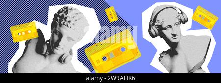 Antique statue busts listening to music in headphones with retro cassette over blue background. Contemporary art collage. Stock Photo