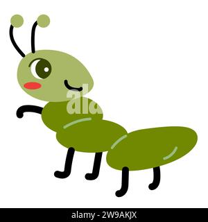 cute ant cartoon character in cartoon or flat style. Vector illustration can used for childish background. Green ant with cute face.  Stock Vector