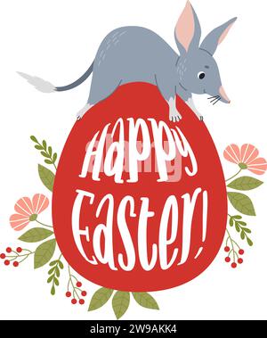 Baby bilby animal on big Easter egg and flowers. Cute Australian animal. Happy Easter greeting card. Vector illustration Stock Vector