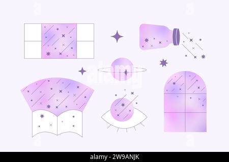 Y2K style Gradient starlight elements with stars, sparkles. Aesthetic cosmic vector frames, window, space. Stock Vector