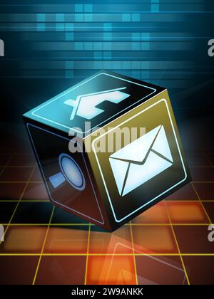 A shiny black cube with internet related icons on its faces. Digital illustration. Stock Photo