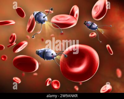 Nanobots going through the bloodstream and repairing some blood cells. Digital illustration. Stock Photo