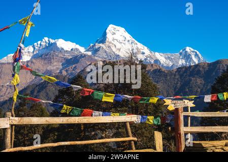 Annapurna peak and Prayer flag on poon hill in Himalayas, nepal Stock Photo