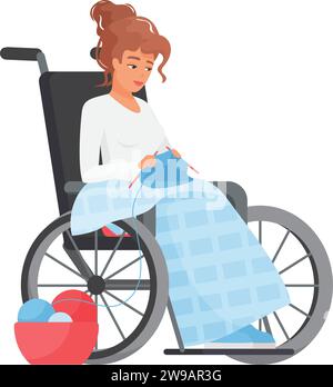 Woman in wheelchair knitting. Young lady with limited mobility leisure time cartoon vector illustration Stock Vector