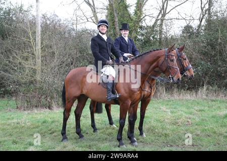 Hawridge, Chesham, UK. 26th Dec, 2023. Riders and their hounds gather in a field before the annual hunt. Credit: Uwe Deffner/Alamy Live News Stock Photo