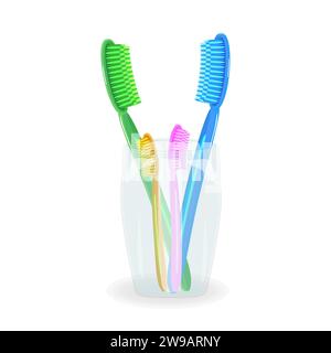 Toothbrushes in mug.Plastic toothbrushes in glass holder.Transparent cup and colored brush for family.Oral hygiene and dental care.Brushing your teeth Stock Vector