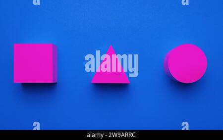 Magenta colored circle, triangle and square made of paper on blue background. Creative futuristic concept. 3d effect. Stock Photo