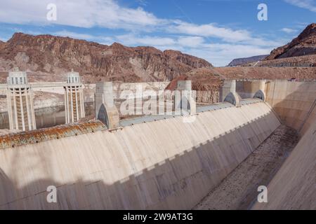 A general view of intake towers and a spillway of Hoover Dam in Nevada, United States.   Image shot on 7th Dec 2023.  © Belinda Jiao   jiao.bilin@gmai Stock Photo