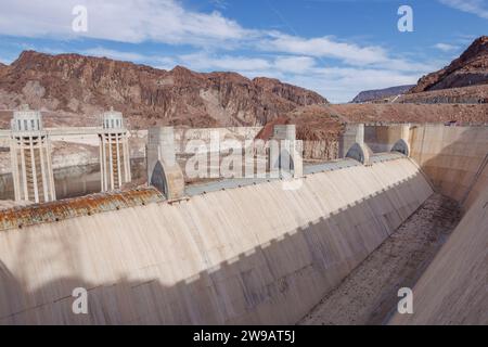 A general view of intake towers and a spillway of Hoover Dam in Nevada, United States.   Image shot on 7th Dec 2023.  © Belinda Jiao   jiao.bilin@gmai Stock Photo