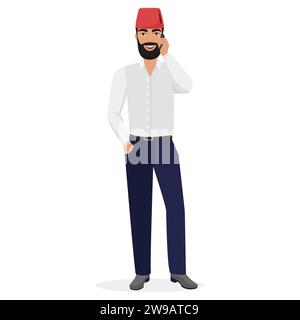 Arab businessman talking on phone. Muslim man calling cartoon vector illustration Stock Vector