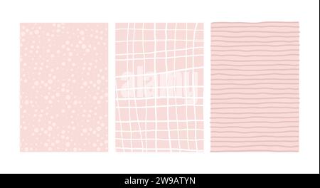 Simple Geometric pink shades Hand Drawn Irregular Patterns. Doodle Checkered dotted and lined simple drawing with textures. Poster set. Funny Pastel C Stock Vector