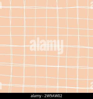 Hand drawn pink white plaid pattern. Check, square doodle background. Line art freehand grid. Crossing white stripes brush stroke. Notebook Texture. A Stock Vector