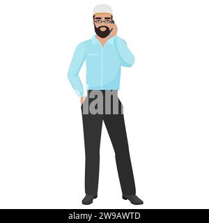 Muslim businessman talking on phone. Arab male office worker cartoon vector illustration Stock Vector