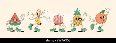 Cute sweet fruits characters in retro cartoon style vector illustration set. Friendly looking natural dessert vintage animation design Stock Vector