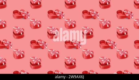 Heart shaped boxes with bows isometric illustration pattern on pink background. Saint Valentine day presents realistic 3d design elements Stock Vector