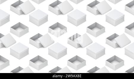 Carton boxes isometric illustration pattern on white background. Packaging containers realistic 3d models design elements. Promo items Stock Vector