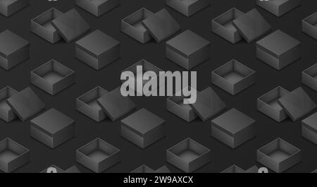 Packaging boxes isometric illustration pattern on black background. Containers for products realistic 3d models design elements. Promo items Stock Vector