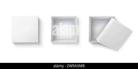 Square light gift boxes realistic vector illustration set. Closed and open product packaging model 3d design elements on white background Stock Vector