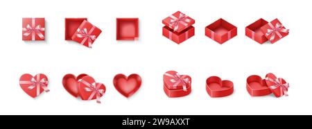 Bright gift boxes with silk ribbons realistic vector illustration set. Red present packaging with decorative bows 3d elements on white background Stock Vector