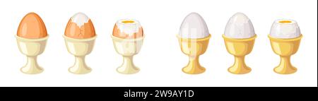 Boiled eggs in cups color vector icon set. Tasty elegantly served breakfast illustrations pack isolated on white background. Healthy food Stock Vector