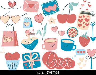 Valentines day set hand drawn elements. Romance and love concept. Clip art collection of heart, message, cupid arrow, elixir, stamp, kawaii characters Stock Vector