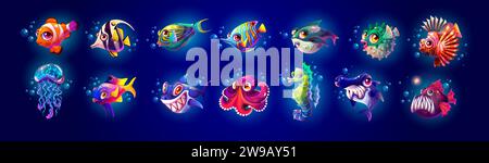 Tropical sea fishes and creatures color vector icon big set. Underwater fauna representants illustrations pack on dark blue background Stock Vector